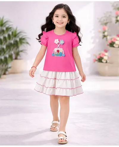 Cotton Jersey Knit Half Puffed Sleeves Floral Applique Detailed Top & Skirt Set - Pink